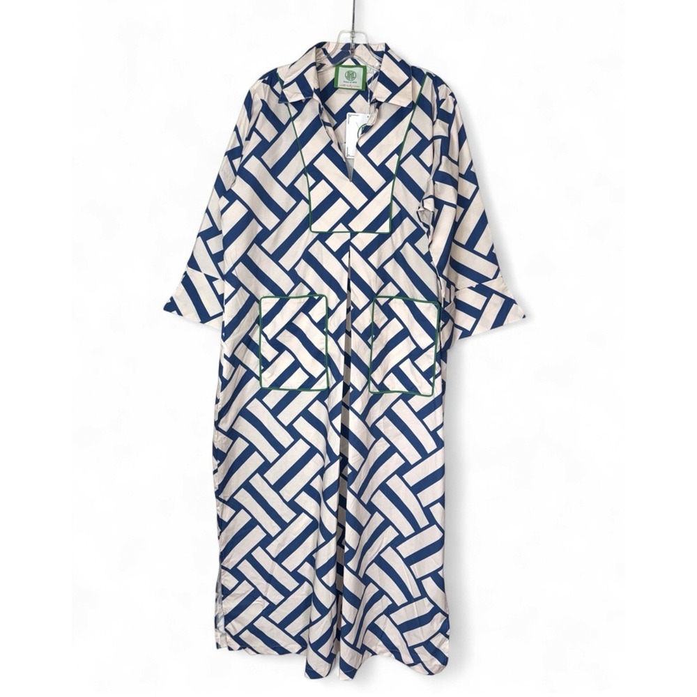 NWT House of MBR Nantucket Cassidy Long Dress XL Blue Cream Caftan Maxi USA $335